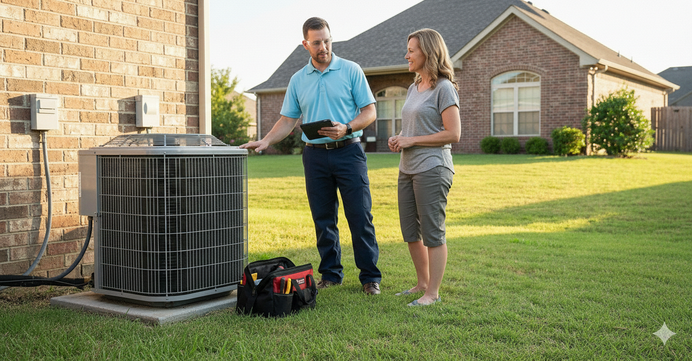 Home Therapist technician explaining AC repair to homeowner
