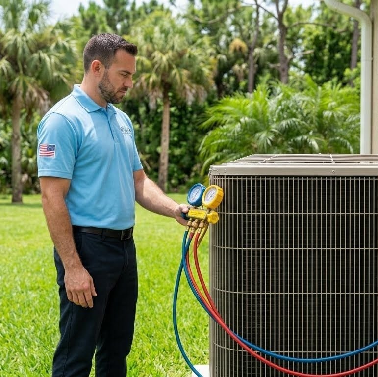 Refrigerant manifold gauges checking AC pressure during diagnostic