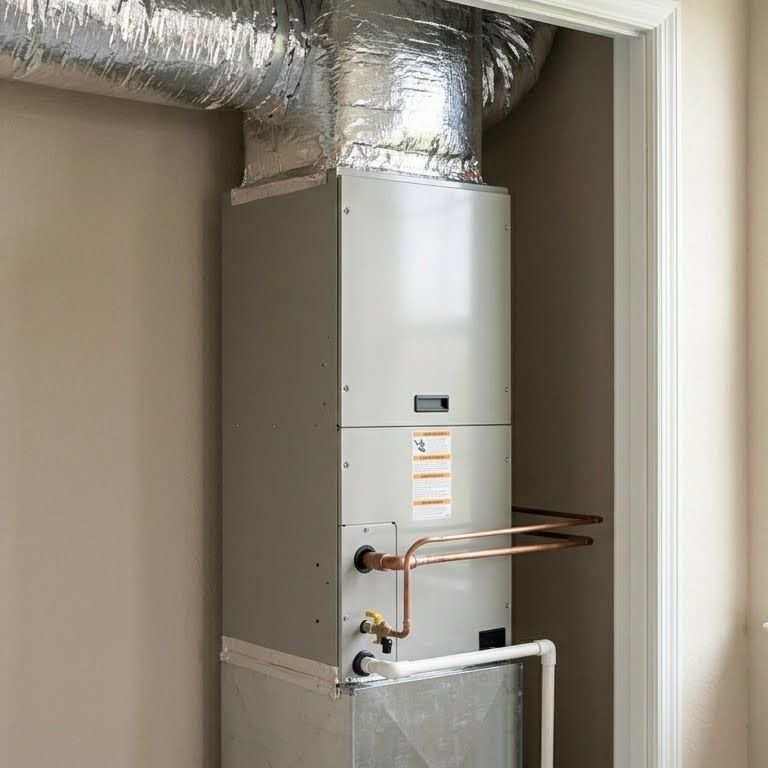 White indoor air handler unit in garage closet