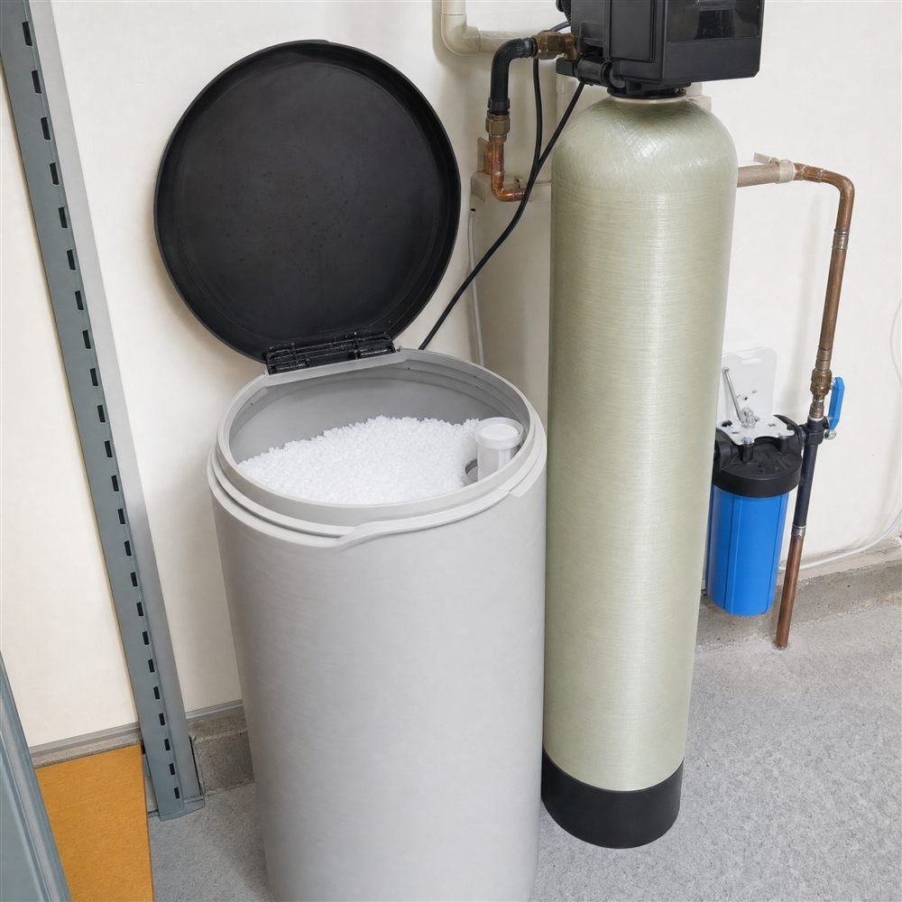 Water softener brine tank filled with salt pellets