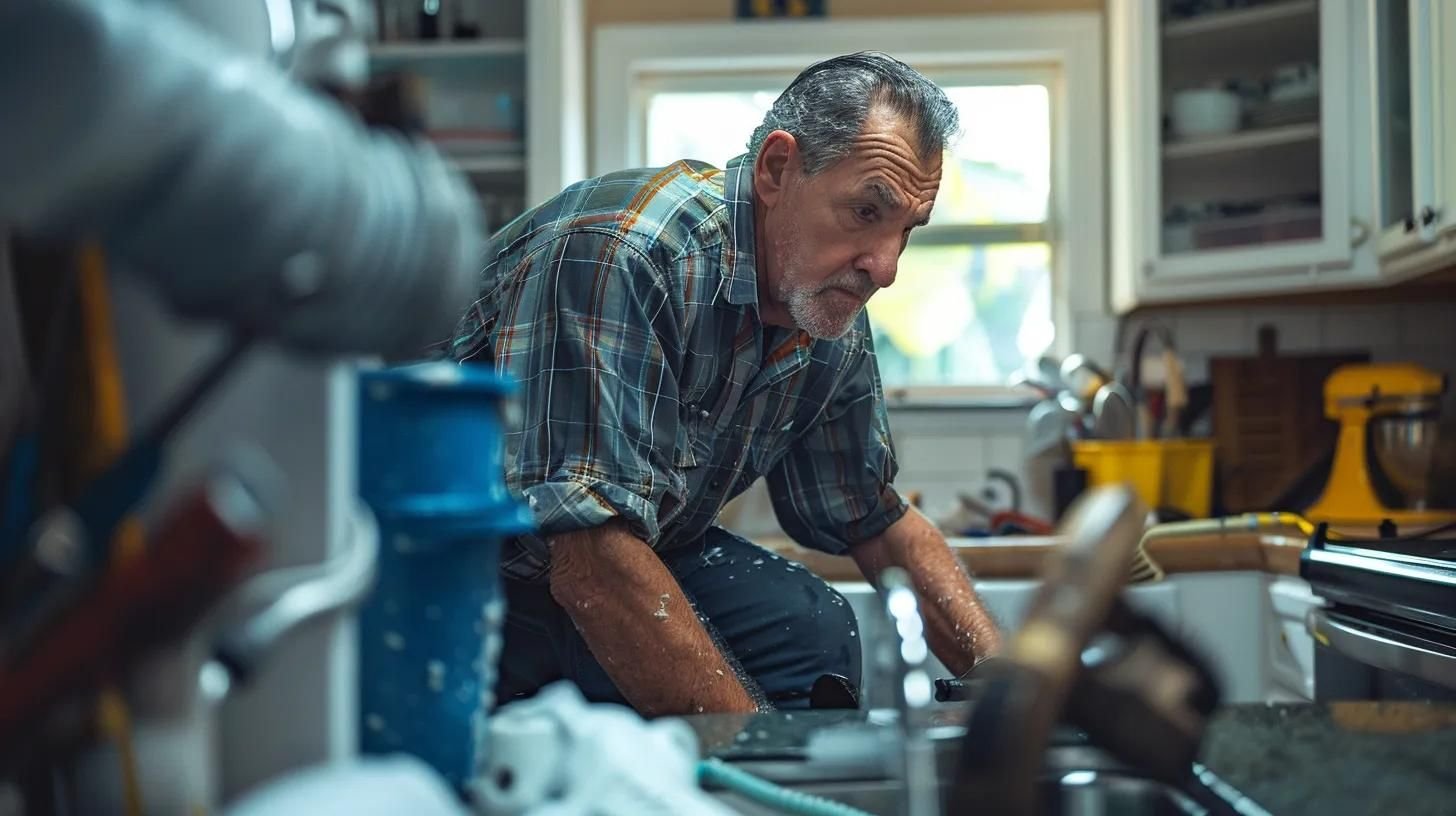 a concerned homeowner inspects a visibly damaged drain in a modern tampa kitchen, surrounded by tools and plumbing supplies, emphasizing the urgency of recognizing plumbing issues.