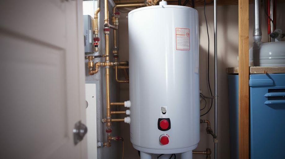 Hot Water Tank In Utility Room With Pipes And Valves
