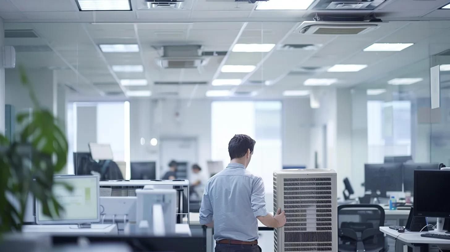 a sleek, modern office environment features a central air conditioning unit prominently displayed, with a technician examining its interior components, illuminated by focused overhead lighting, symbolizing the critical decision-making process of repairing versus replacing.