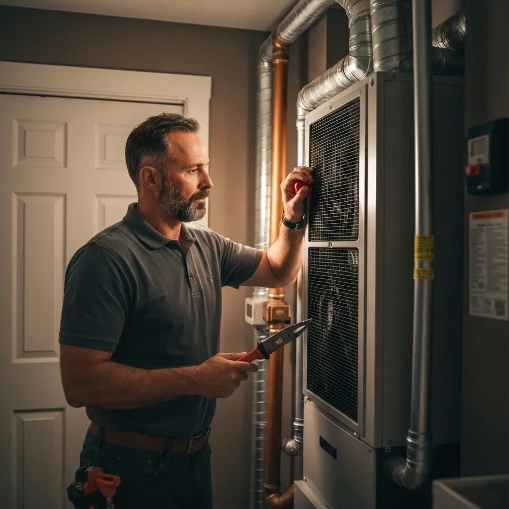 Technician inspecting HVAC system in a home, emphasizing comfort and expertise