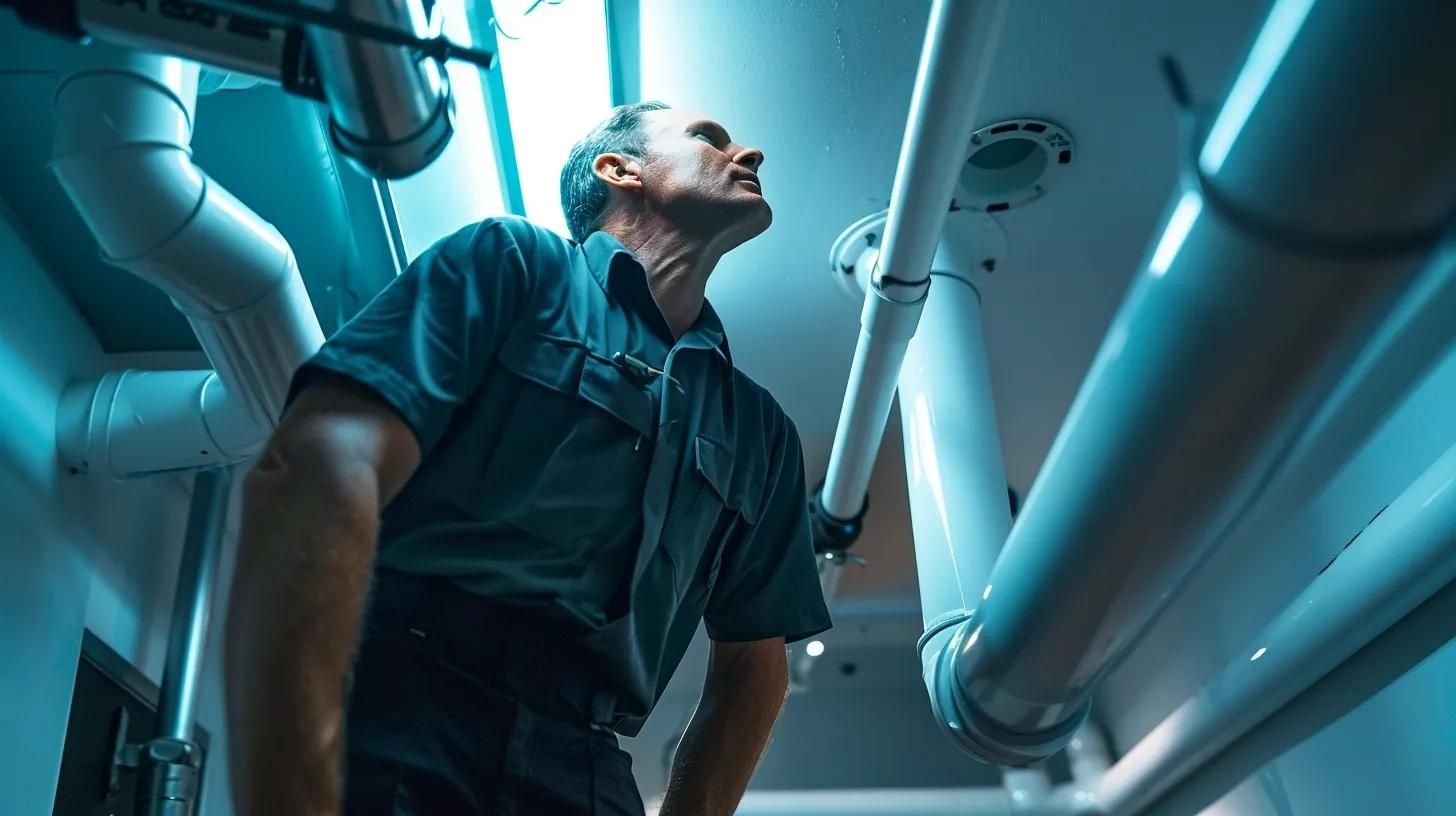 a professional plumber in a sleek, modern tampa home inspects a sophisticated drainage system, illuminated by bright overhead lighting, emphasizing the importance of thorough home maintenance.