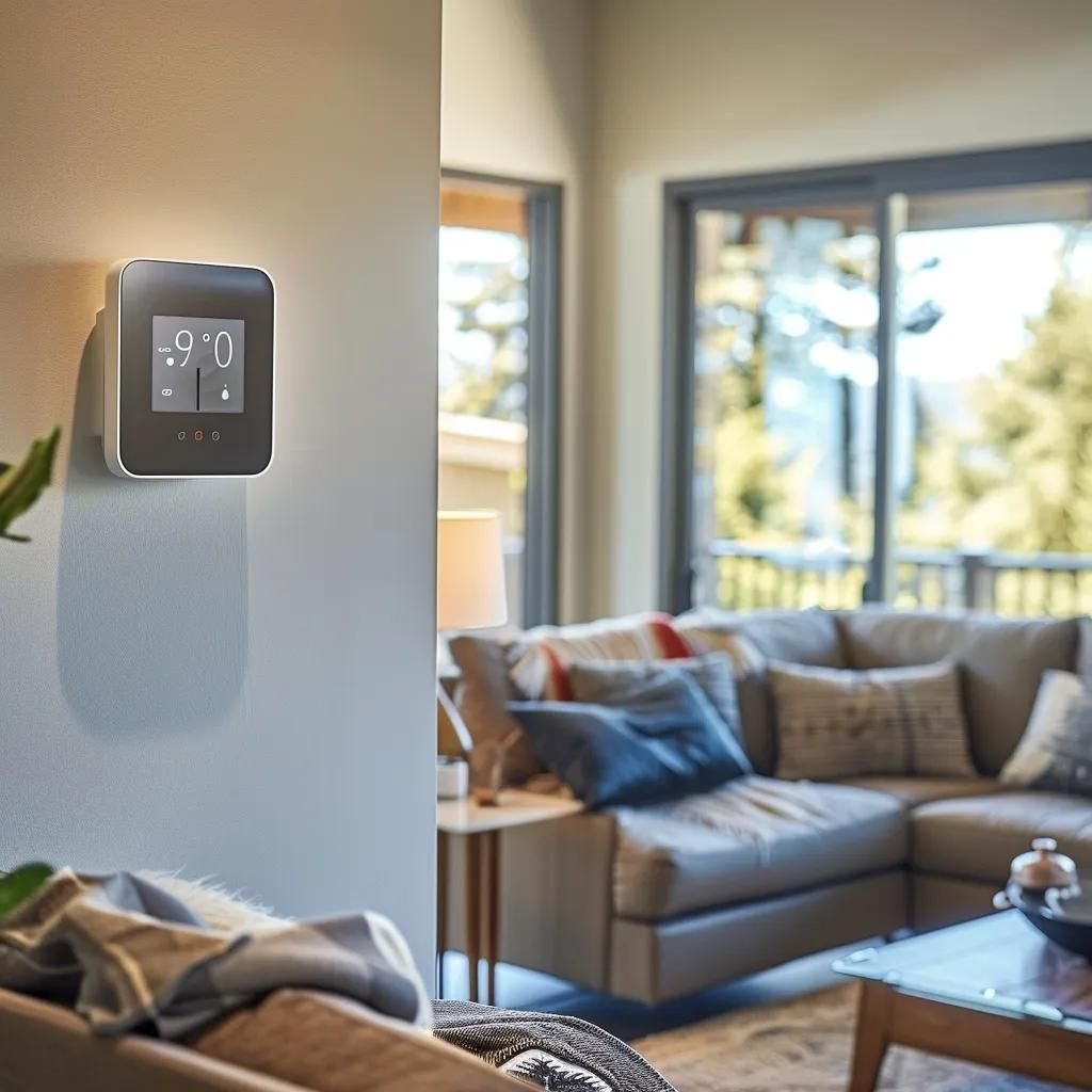 Smart thermostat in a cozy living room, representing energy efficiency and modern home comfort