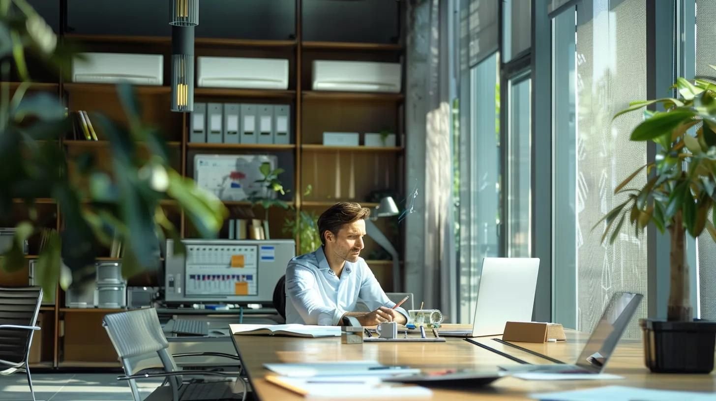 a modern, well-lit office space showcases a technician inspecting a sophisticated air conditioning unit, with detailed tools and assessment charts spread across a sleek conference table, highlighting the complexities of ac repair costs.