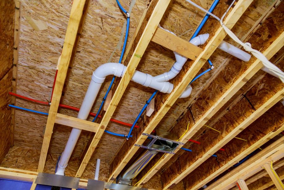 Plumber Pipes And Wooden Beams In Construction Ceiling