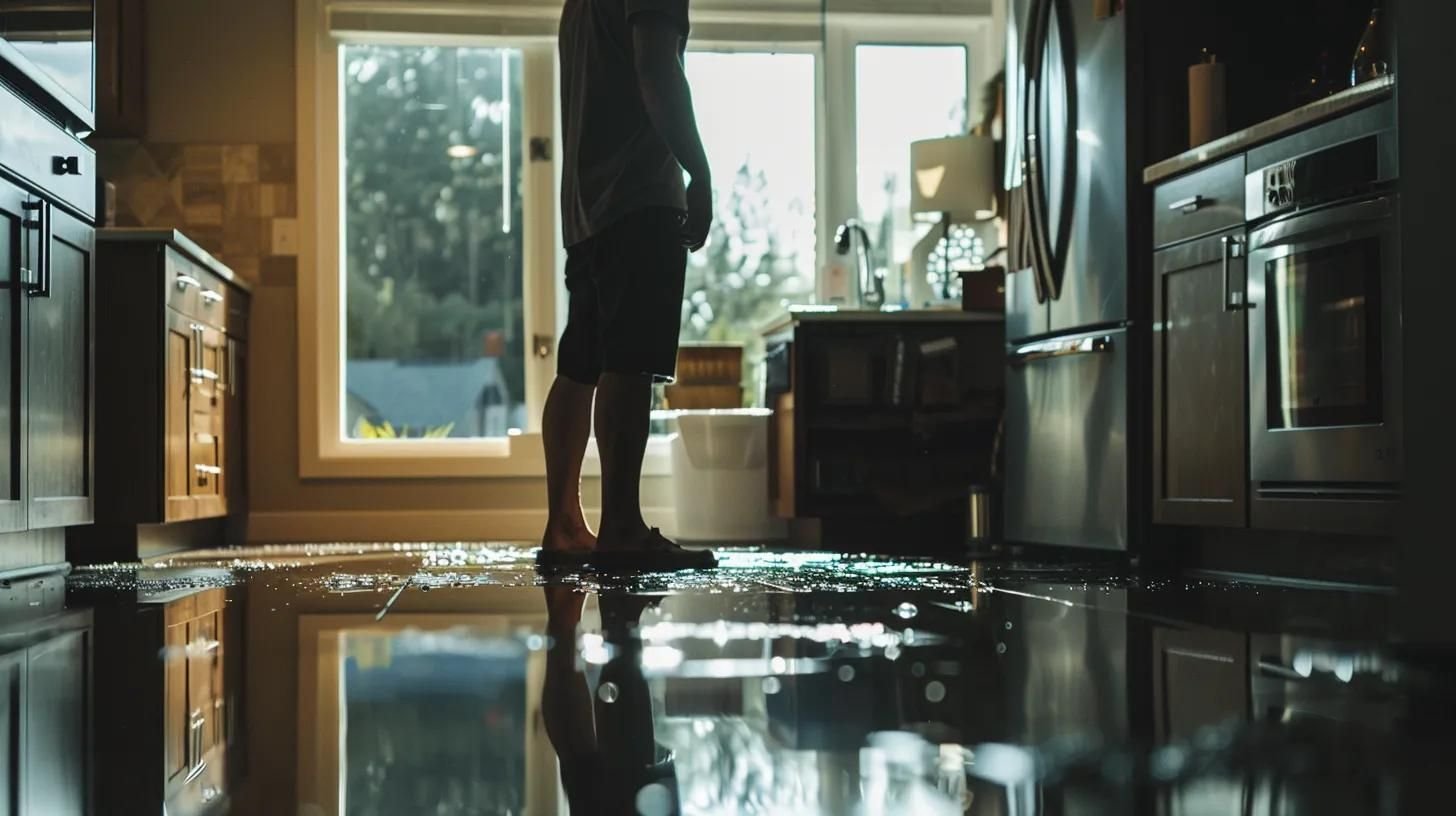 a focused shot of a concerned homeowner standing in a modern, well-lit kitchen, observing a visibly damaged sink drain with water pooling beneath it, highlighting the urgency of home maintenance and plumbing issues.