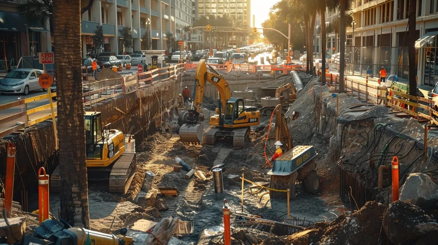 a sharp, focused image contrasting a traditional excavation site with heavy machinery and workers against a modern trenchless technology setup, showcasing sleek equipment and minimal disruption on a city street in tampa.