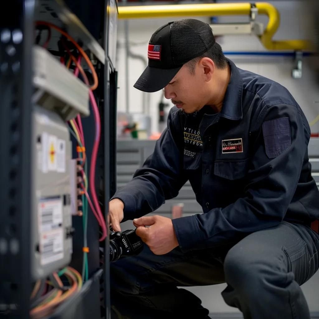 a sleek, modern air conditioning service technician inspects a high-efficiency unit in a well-lit, contemporary office setting, surrounded by gleaming tools and digital gauges that reflect a commitment to precision and professionalism.