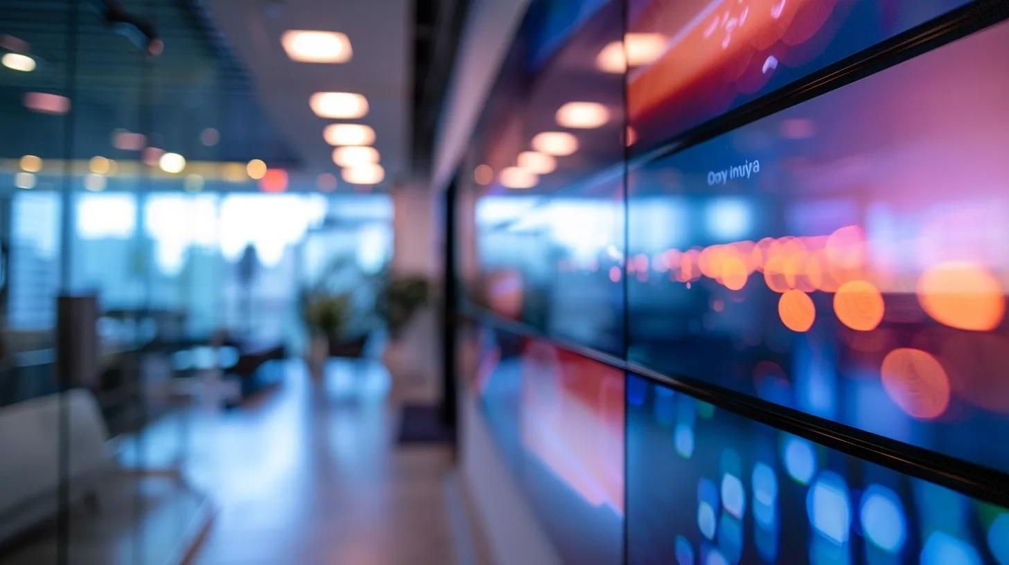 a close-up of a sleek, modern office environment with a large digital screen displaying glowing customer ratings and testimonials about drainage services, emphasizing professionalism and trust in service quality in tampa.