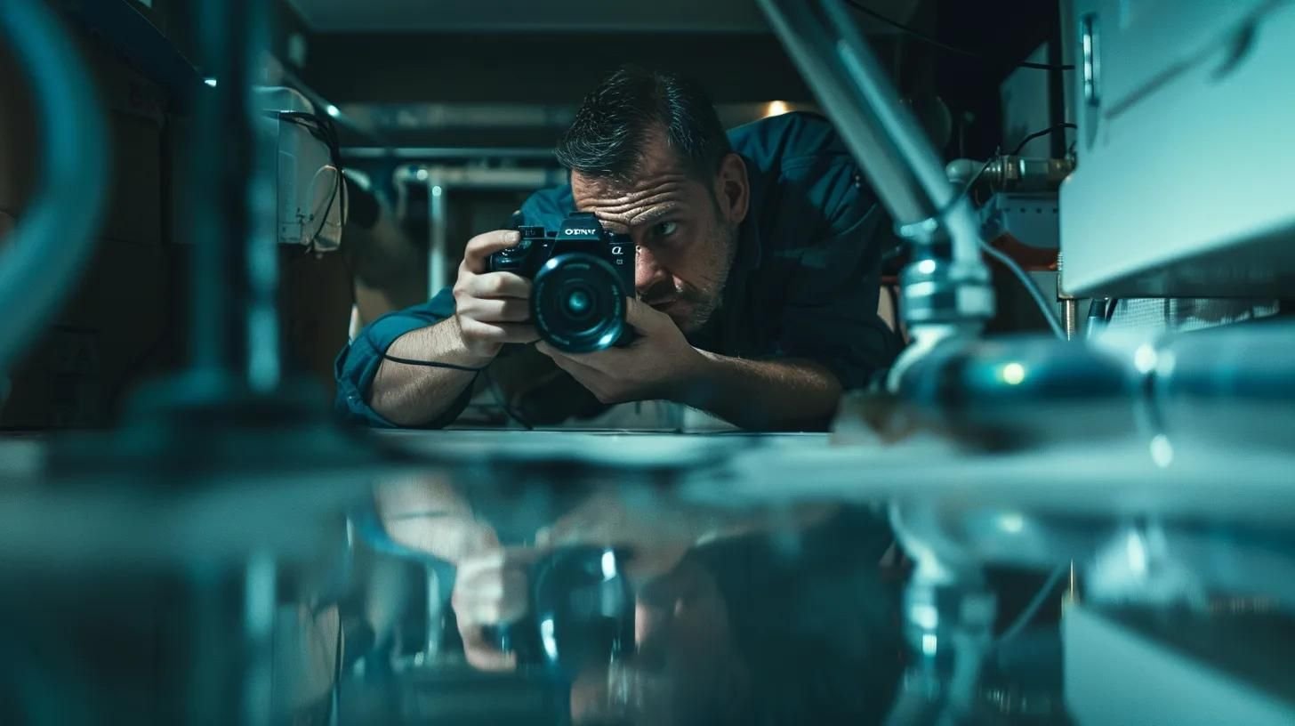 a sharply focused view of a professional plumber inspecting a home's drainage system, equipped with a high-tech camera and tools, all set within a tidy urban basement environment.