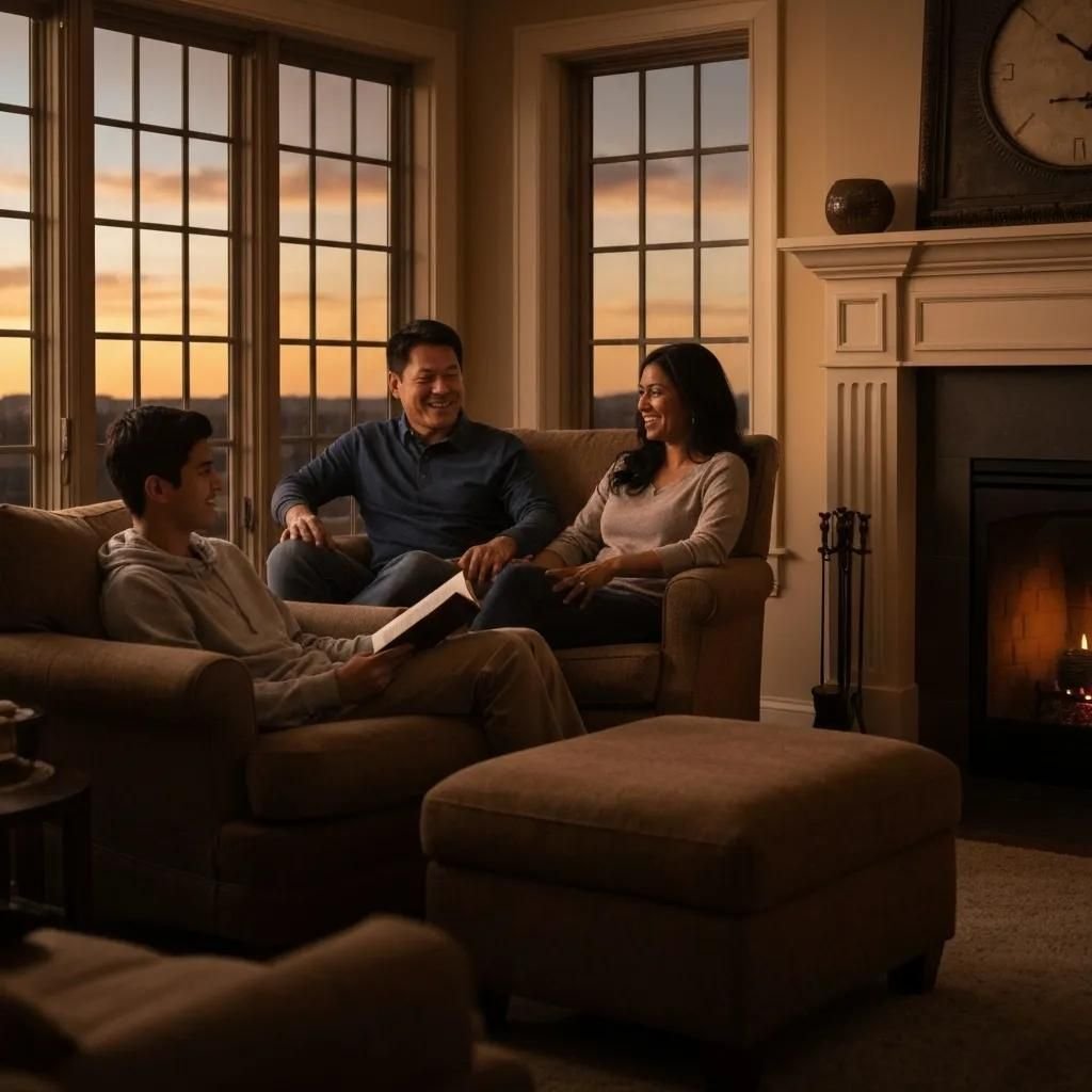 Family discussing HVAC and plumbing services in a cozy living room, emphasizing trust and comfort
