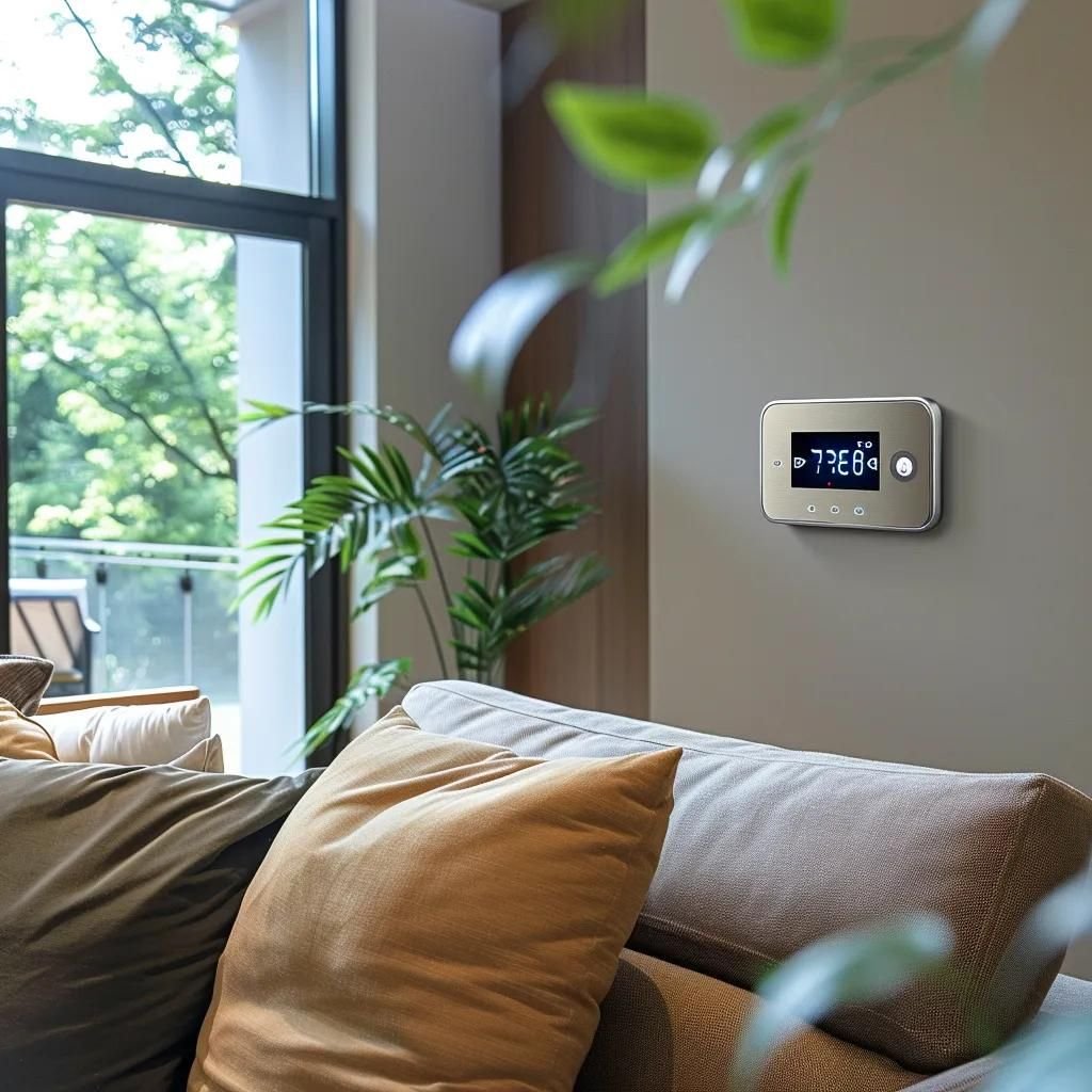 Smart thermostat in a stylish living room, emphasizing modern design and comfort in humid climates