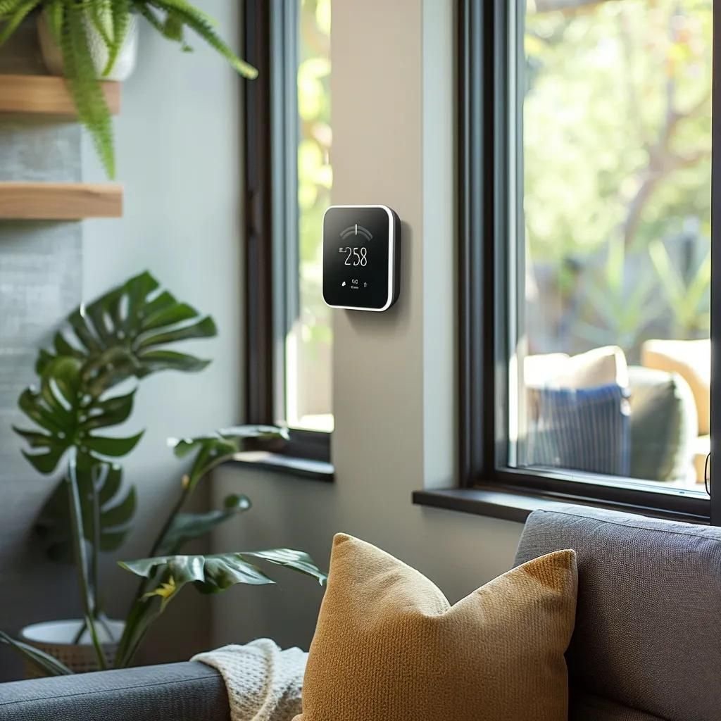 Smart thermostat in a stylish Tampa home living room, emphasizing modern technology and comfort