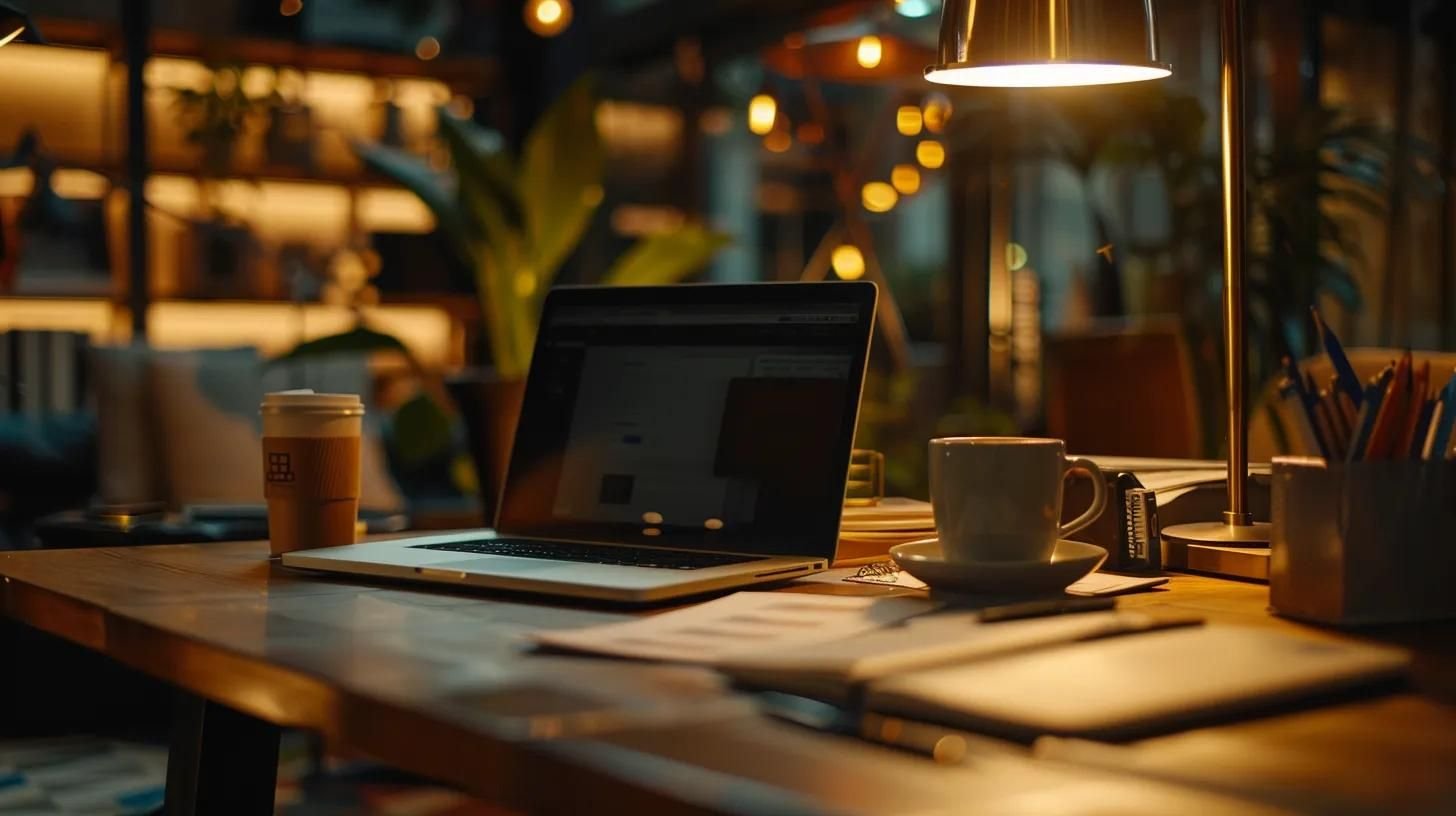 a focused office scene featuring a professional analyzing customer reviews on a sleek laptop, illuminated by warm desk lighting, with a notepad and a steaming coffee cup beside them, conveying the importance of informed decision-making in ac repair services.