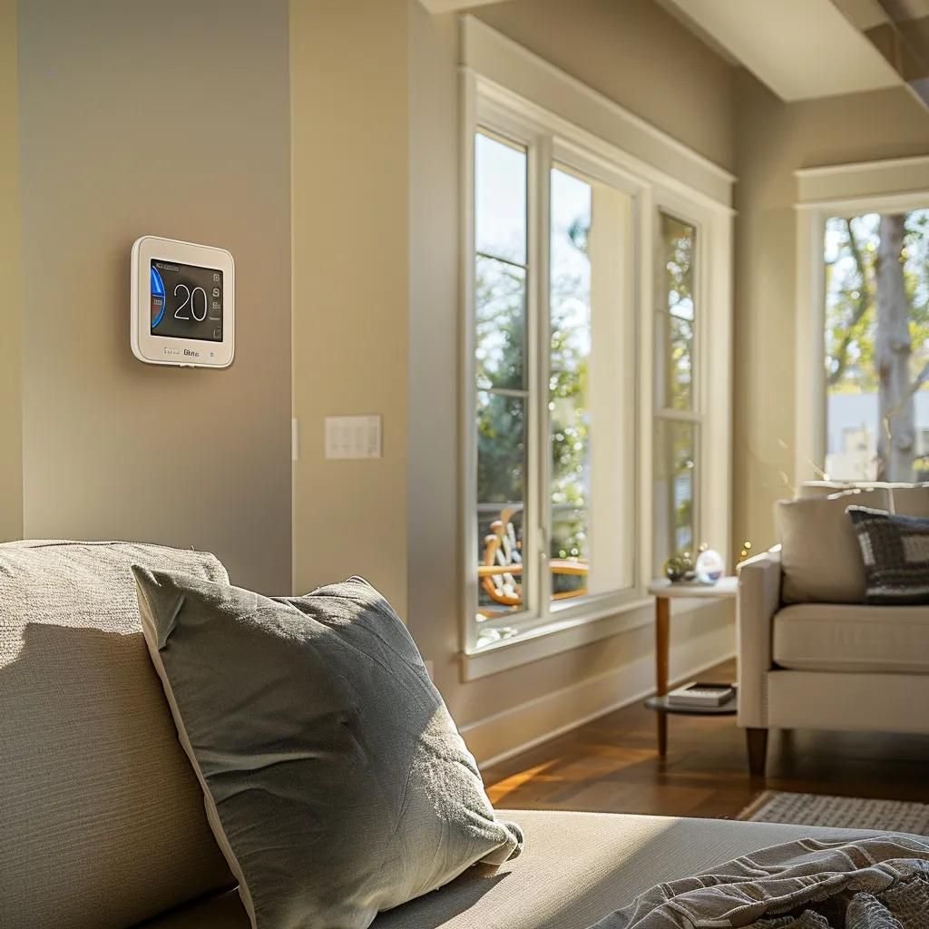 Modern smart thermostat in a bright Tampa living room, showcasing comfort and energy efficiency