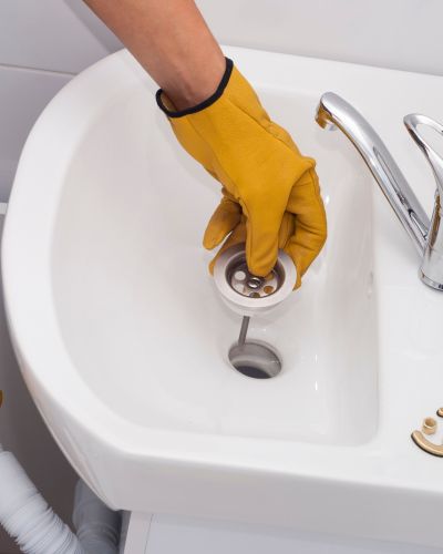 Plumber Fixing Sink Drain With Gloves And Tools Tampa Fl