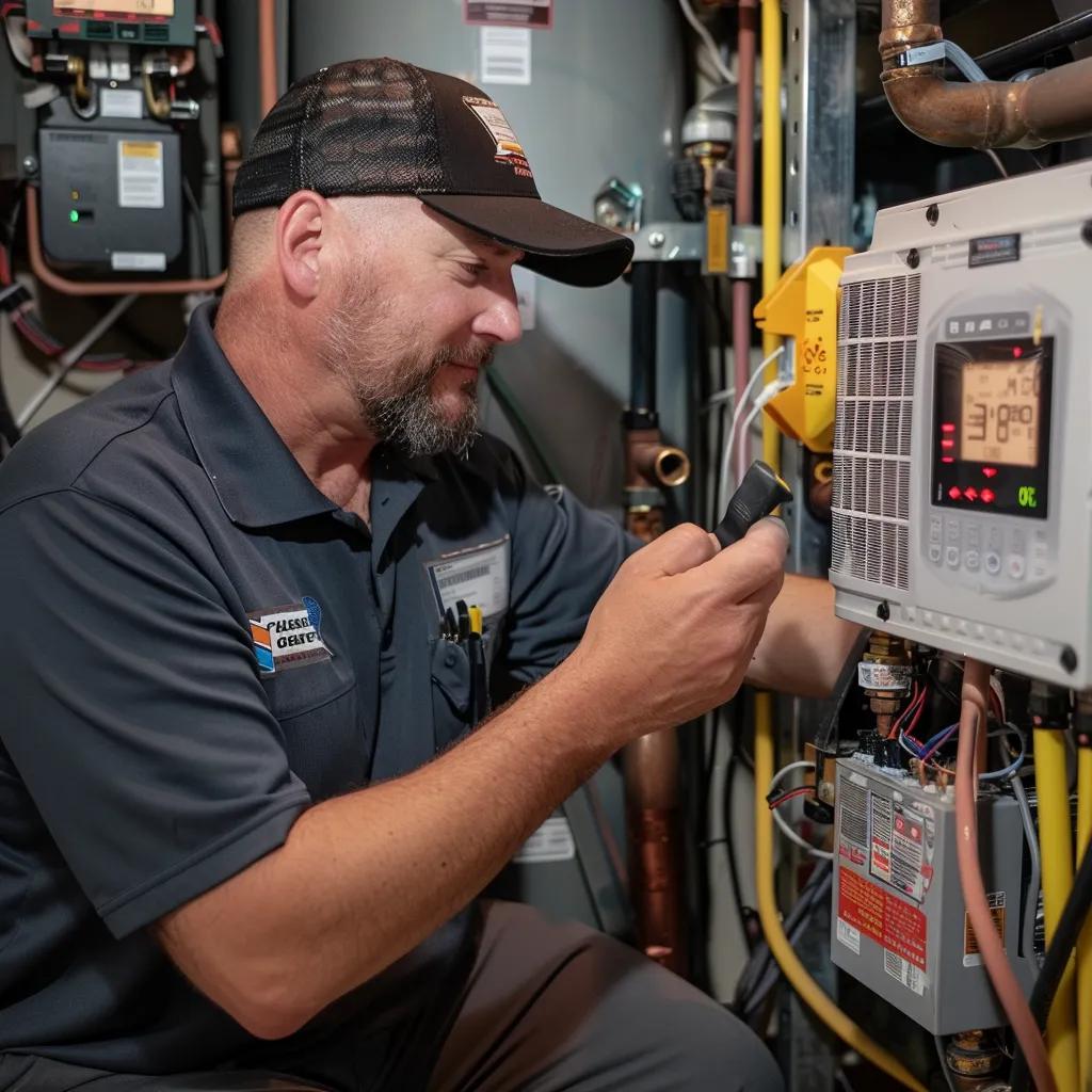HVAC technician inspecting smart thermostat wiring for compatibility in a professional setting