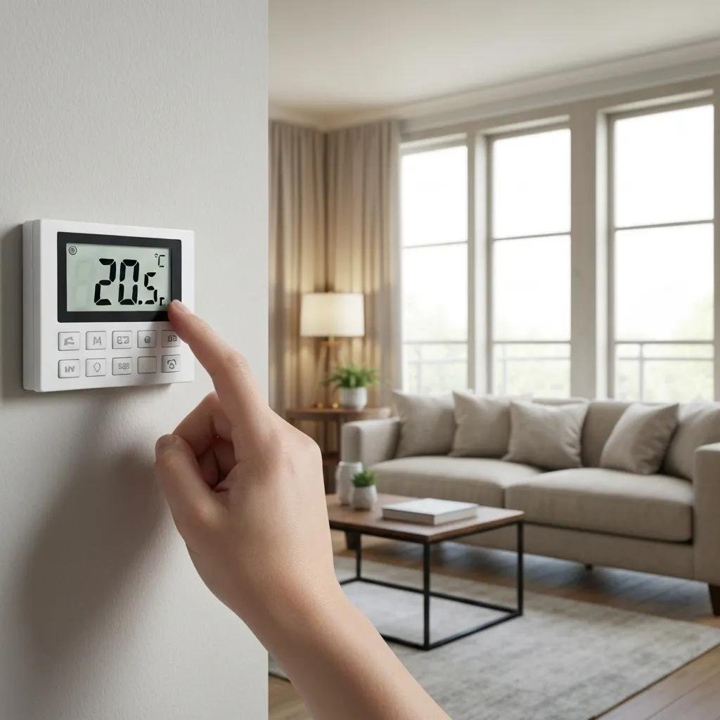 Hand adjusting a digital thermostat in a cozy living room, emphasizing HVAC settings