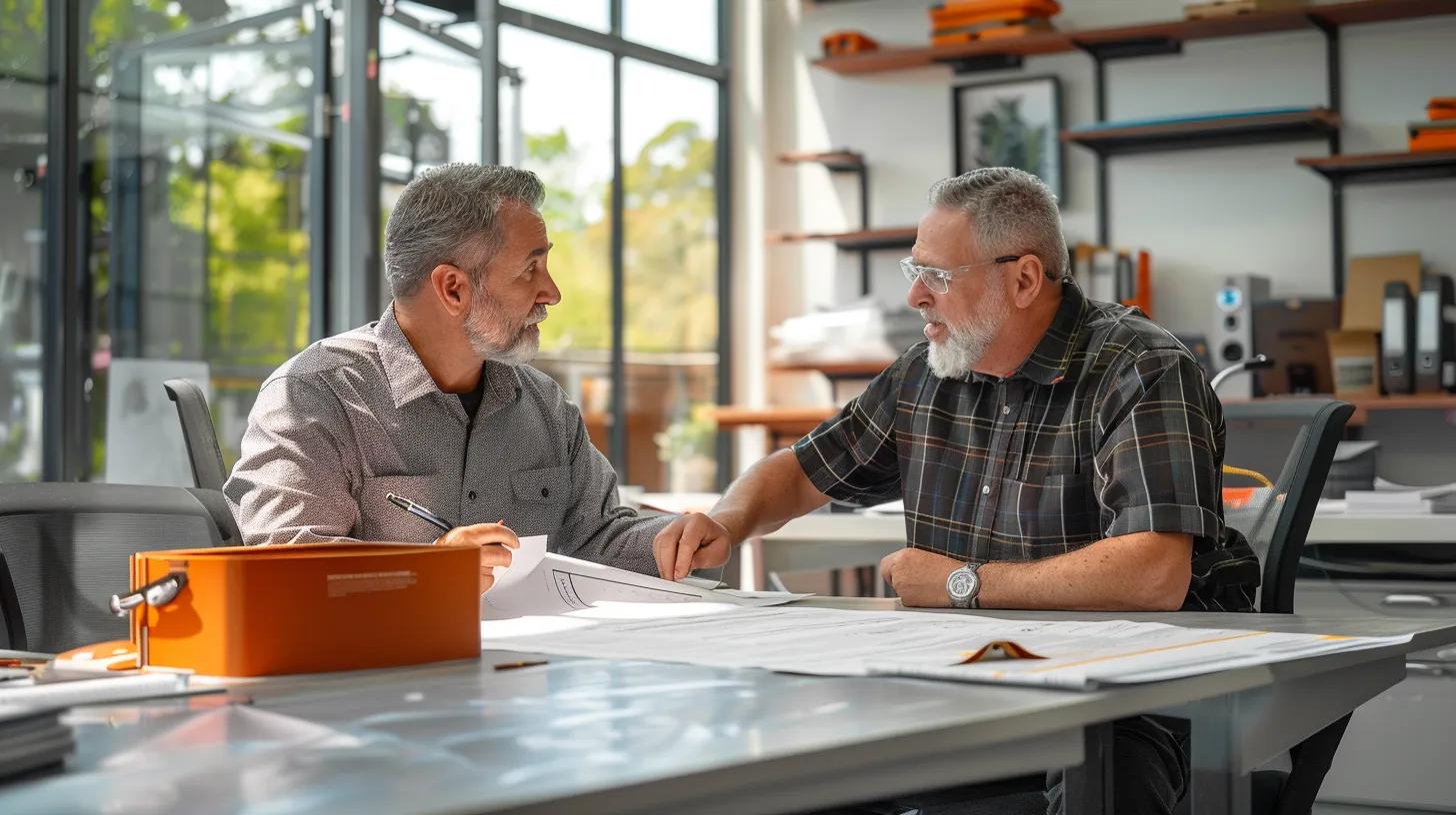 a professional contractor and a homeowner engage in a focused discussion over a table filled with blueprints and project samples inside a modern office, illuminated by bright, artificial lighting, emphasizing the importance of selecting the right drain replacement contractor in tampa.