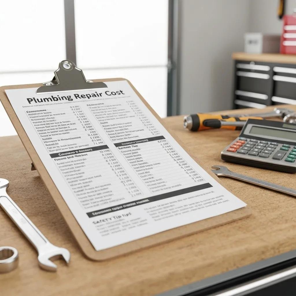 Close-up of a plumbing repair cost chart with tools, highlighting average prices for residential plumbing repairs