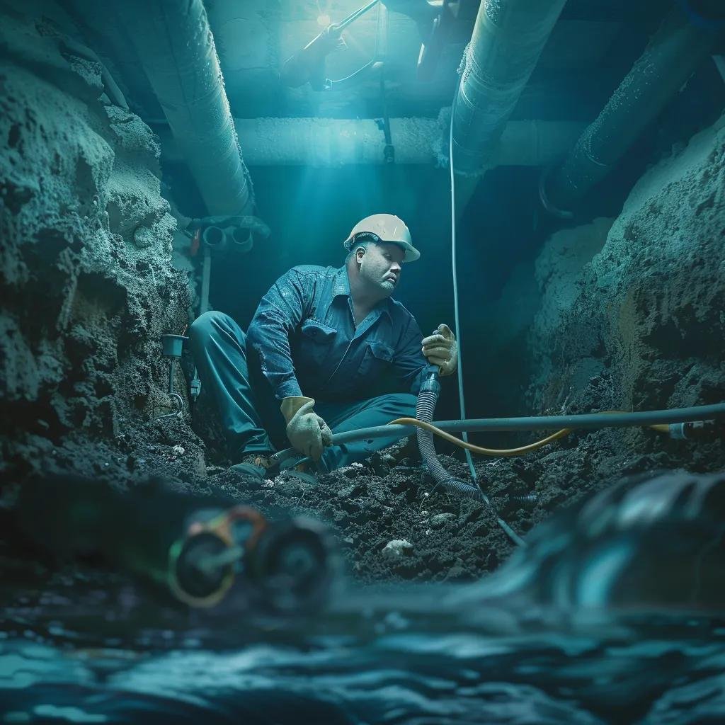 Professional plumber inspecting underground pipes with leak detection equipment