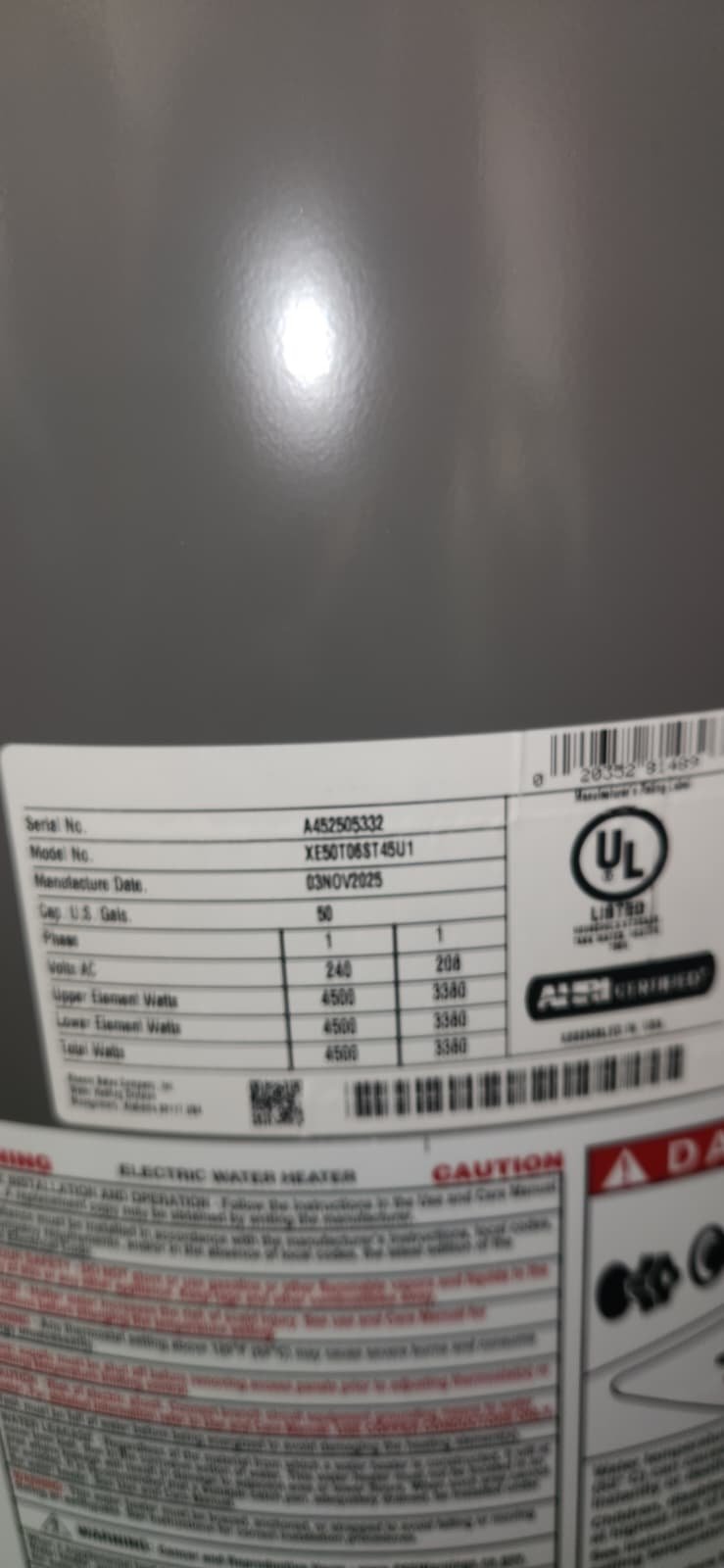 Completed 50 gallon Rheem electric water heater installation in Riverview, FL 33579 home