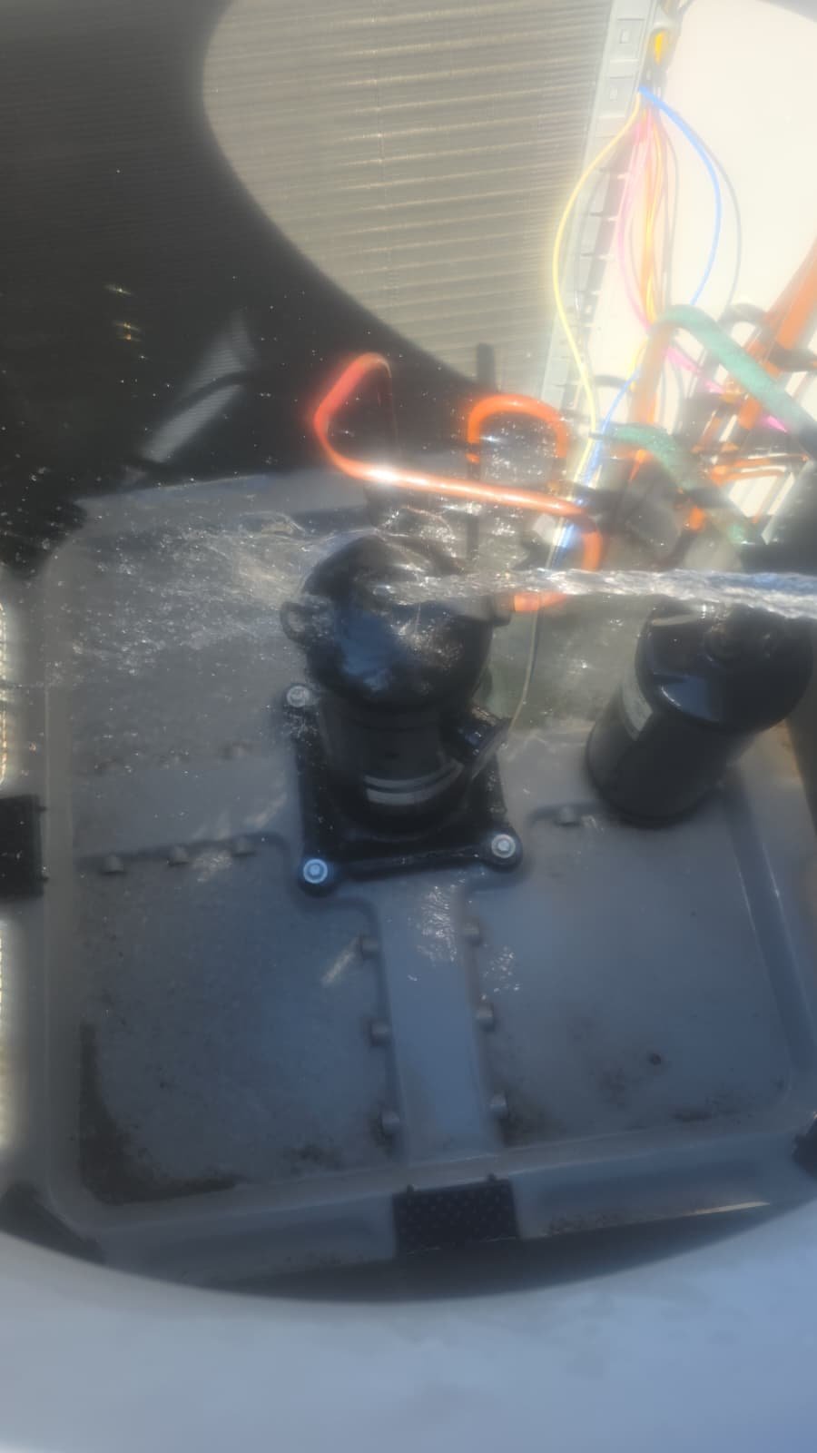 Technician performing AC maintenance on condenser fan in Riverview, FL 33578