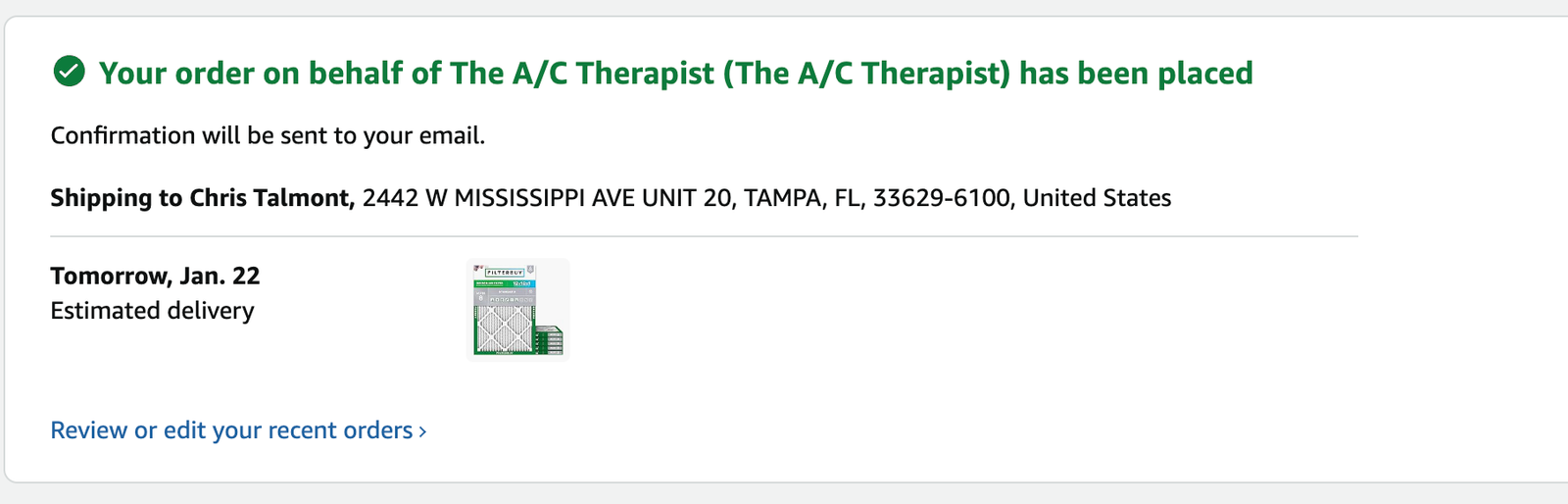 Elite Home Therapy AC maintenance visit in Tampa, FL 33629