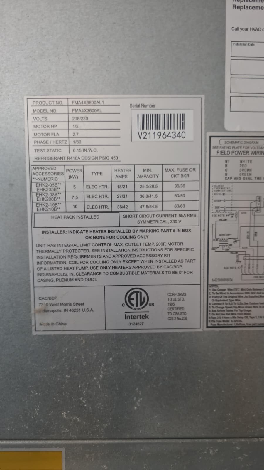 Tampa, FL 33615 HVAC air handler relay wiring replacement
