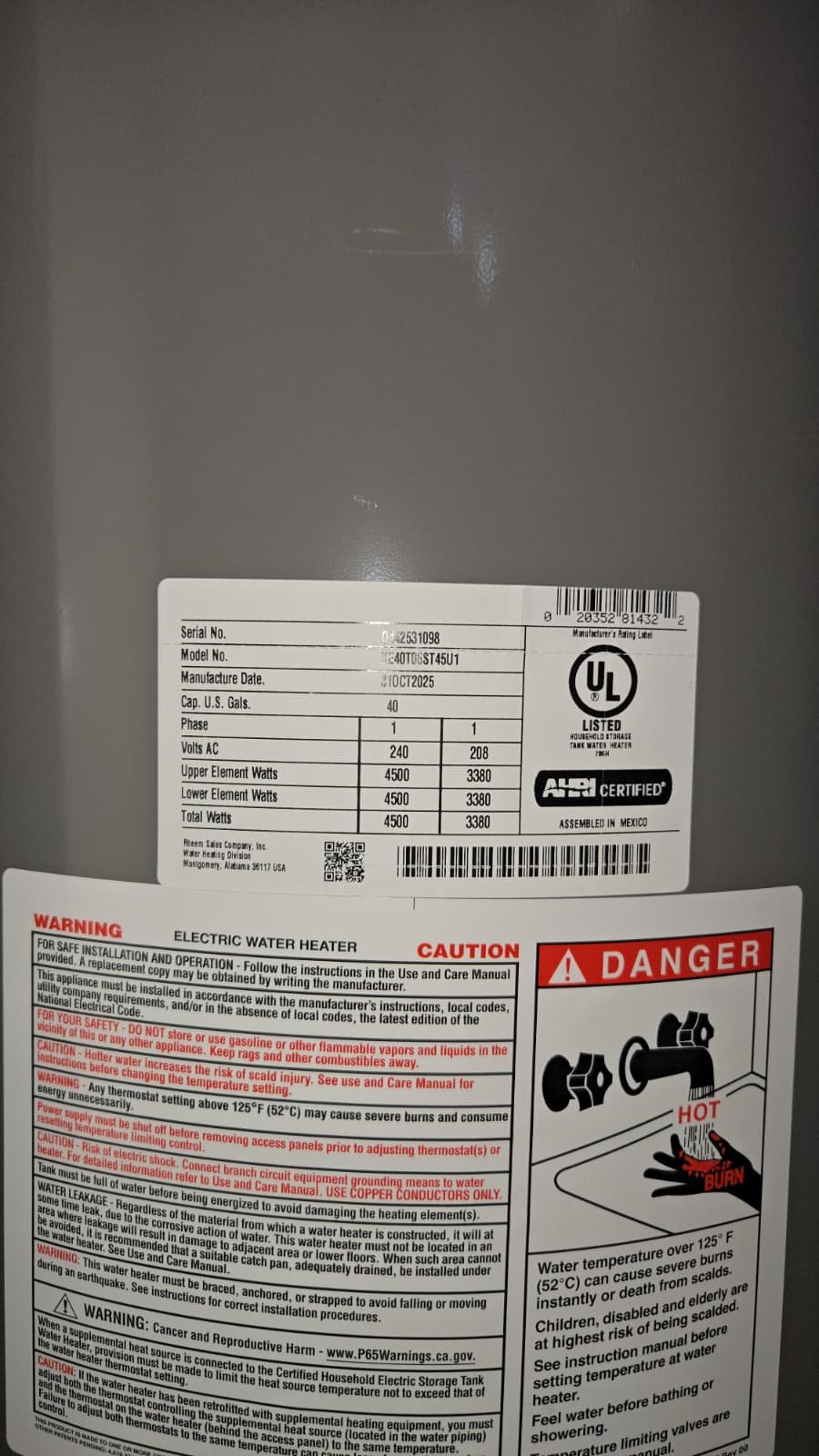 Detailed Tampa, FL 33604 estimate for labor to install customer-supplied water heater