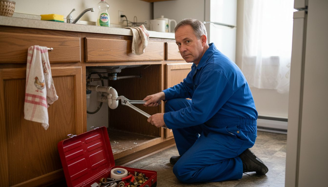 Plumber repairing pipe under kitchen sink