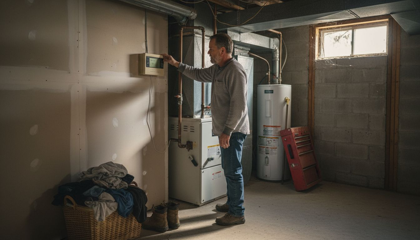 Homeowner checks furnace and thermostat