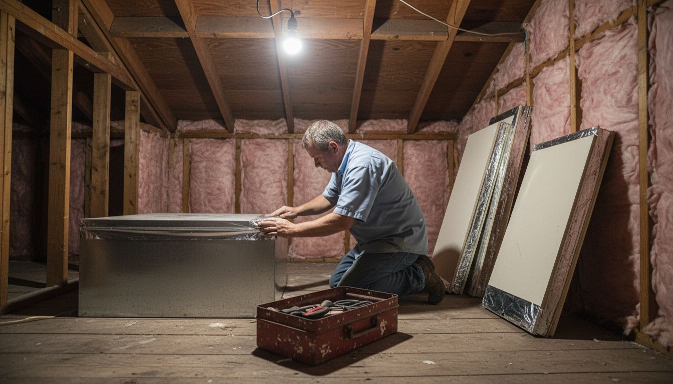 Technician sealing HVAC plenum in attic