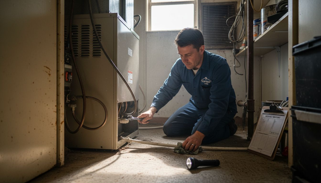 Technician cleaning AC condensate line