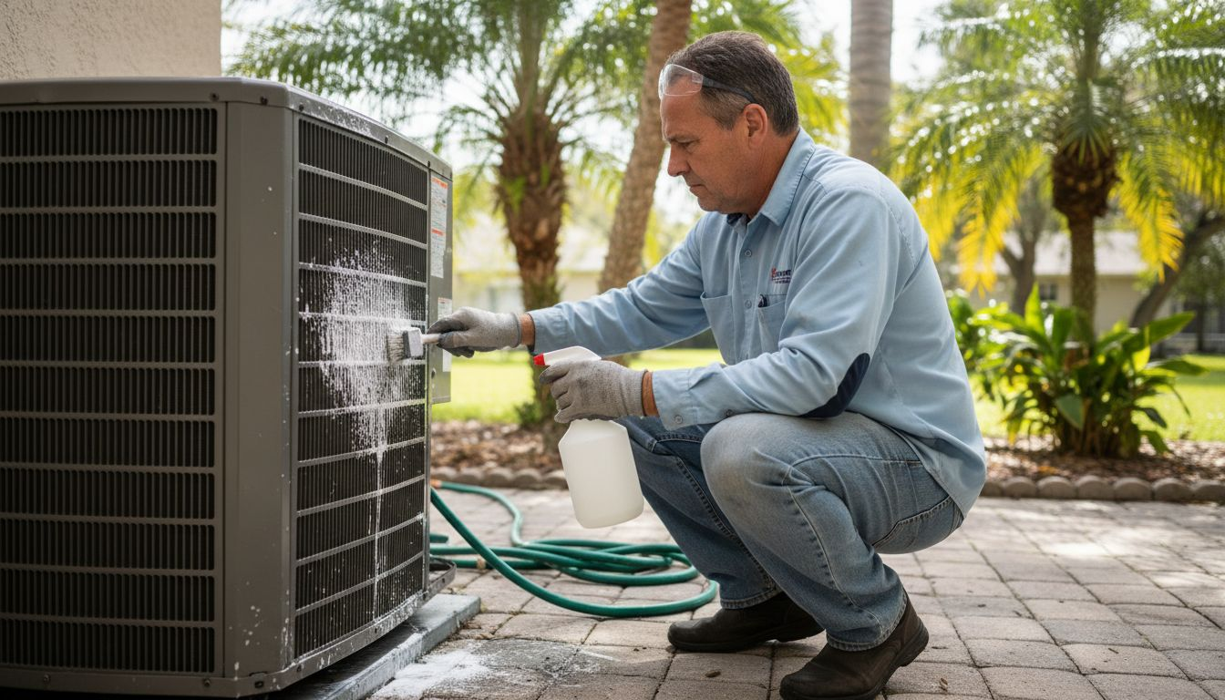 Technician cleaning AC coils in Tampa Bay