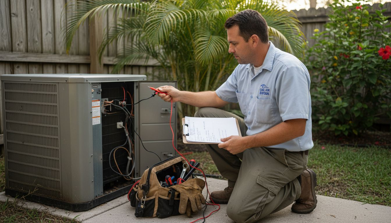 HVAC technician inspecting condenser outdoors