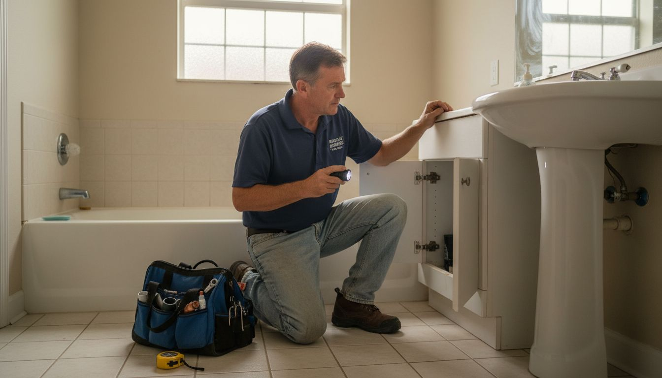 Plumber inspecting Tampa Bay home bathroom pipes