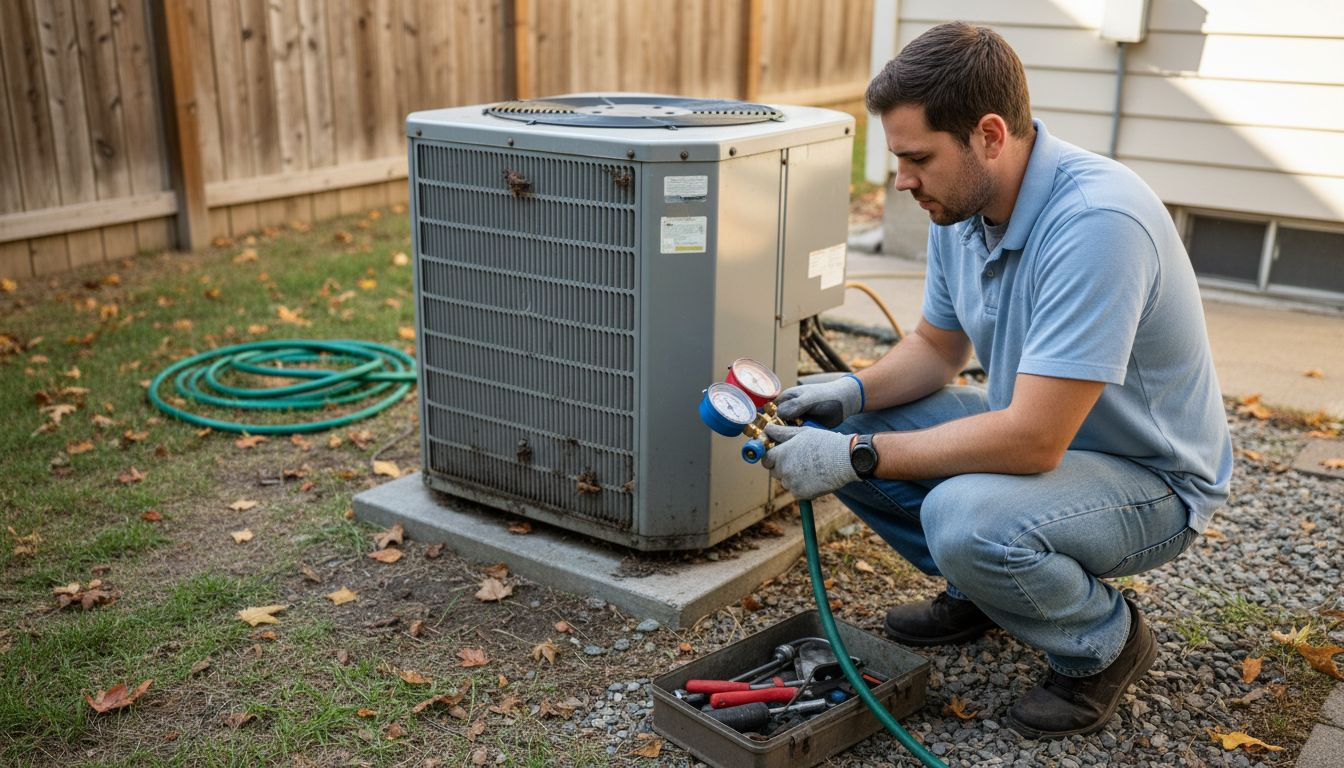 Technician inspecting outdoor condenser unit