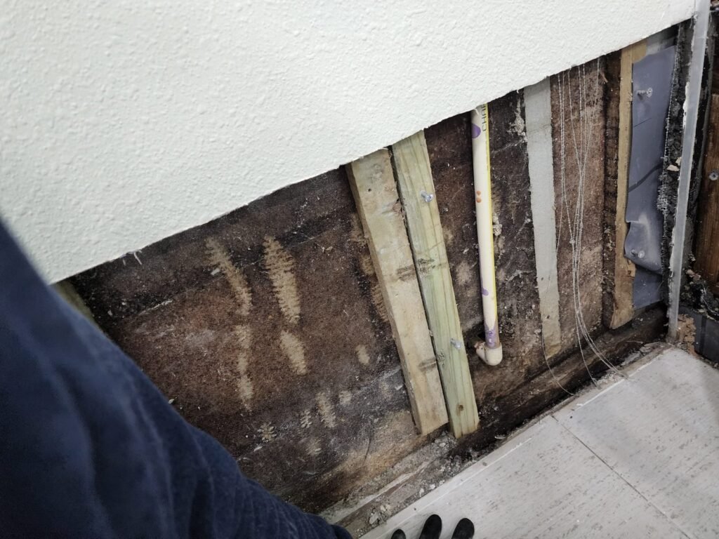 An opened lower wall exposing a water line and water-stained framing in Tampa, FL 33624.