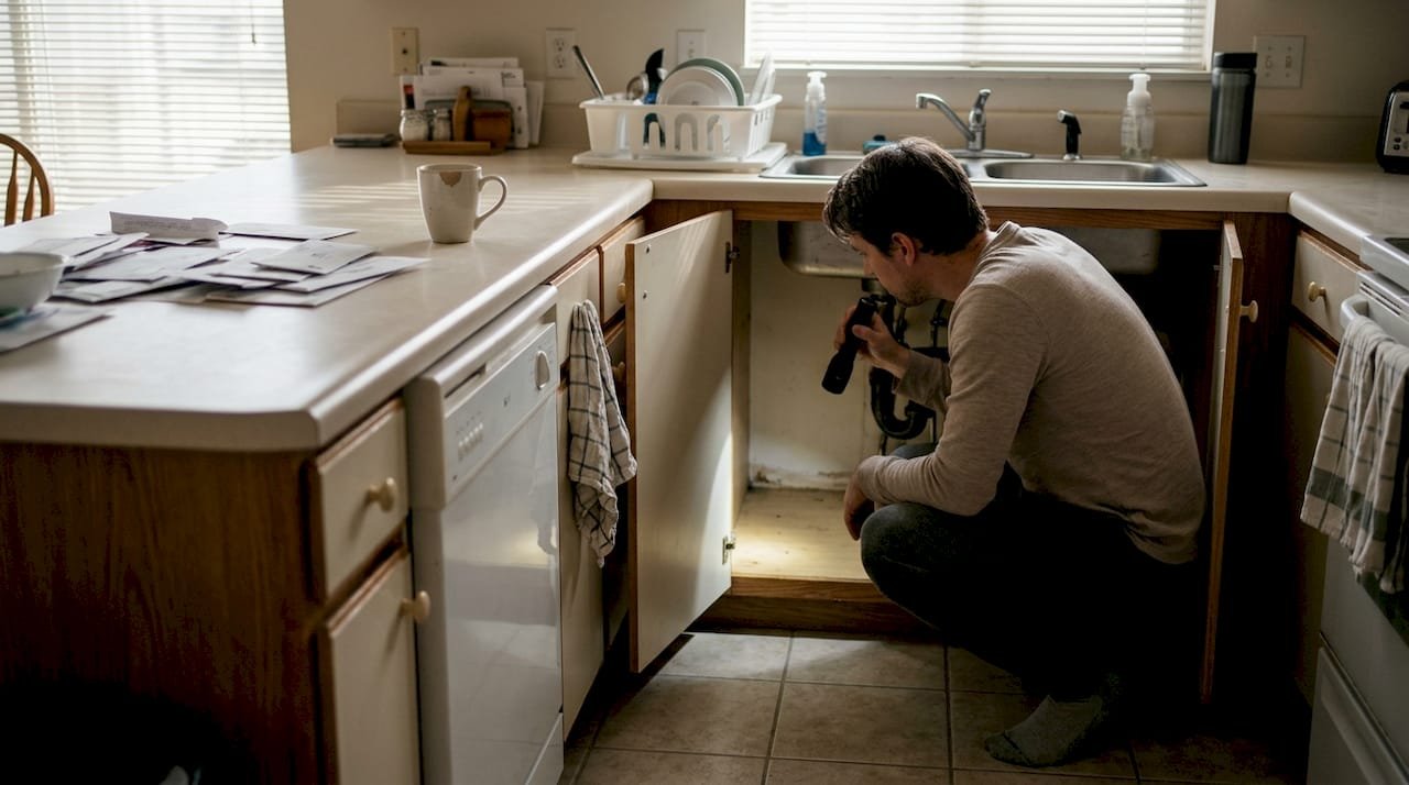 Homeowner inspecting under kitchen sink for leaks