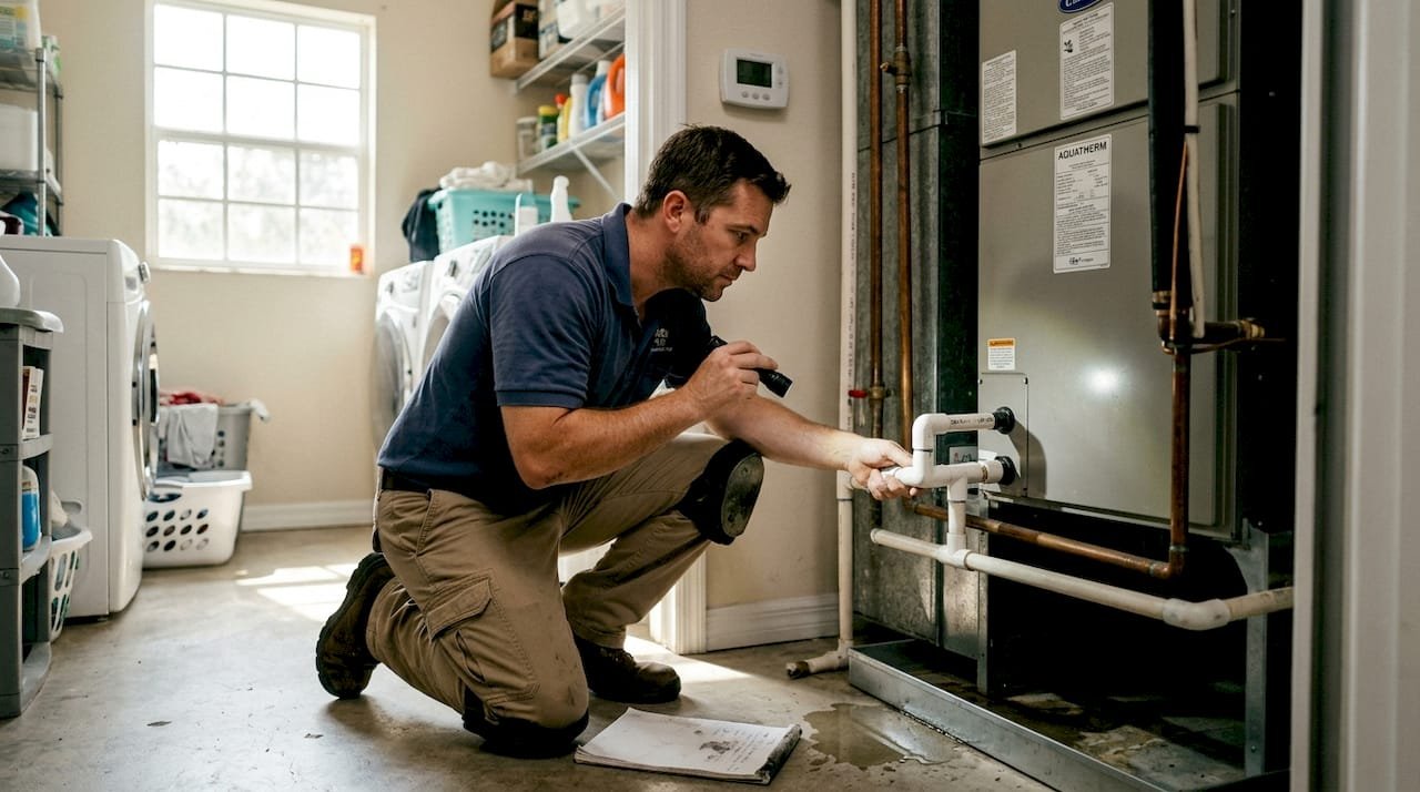 HVAC tech inspecting condensate drain pipe