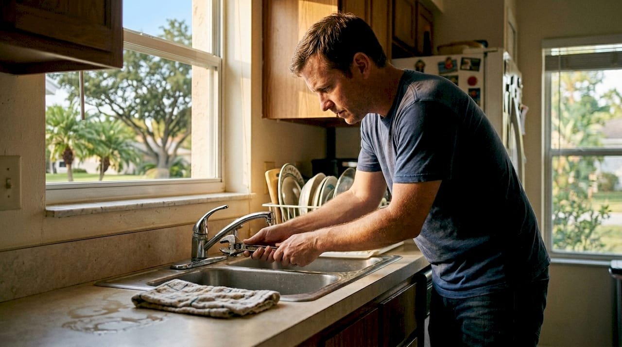 Homeowner fixing dripping kitchen faucet