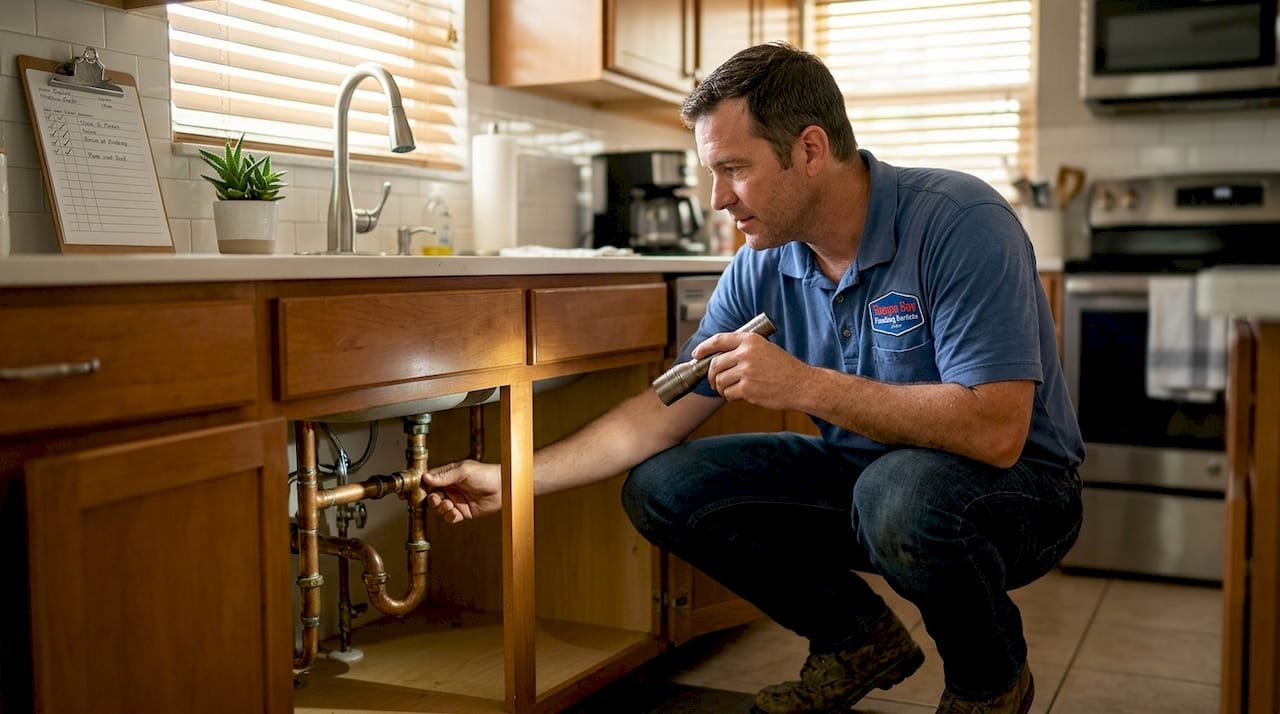 Plumber inspecting pipes under Tampa kitchen sink