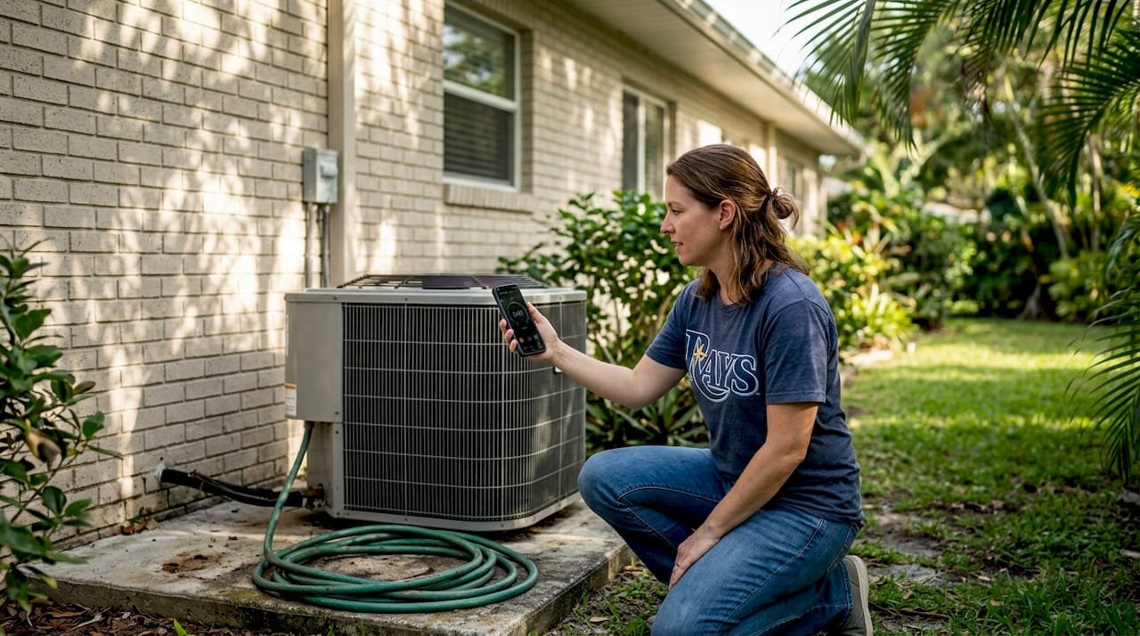 Homeowner checking HVAC noise level outdoors