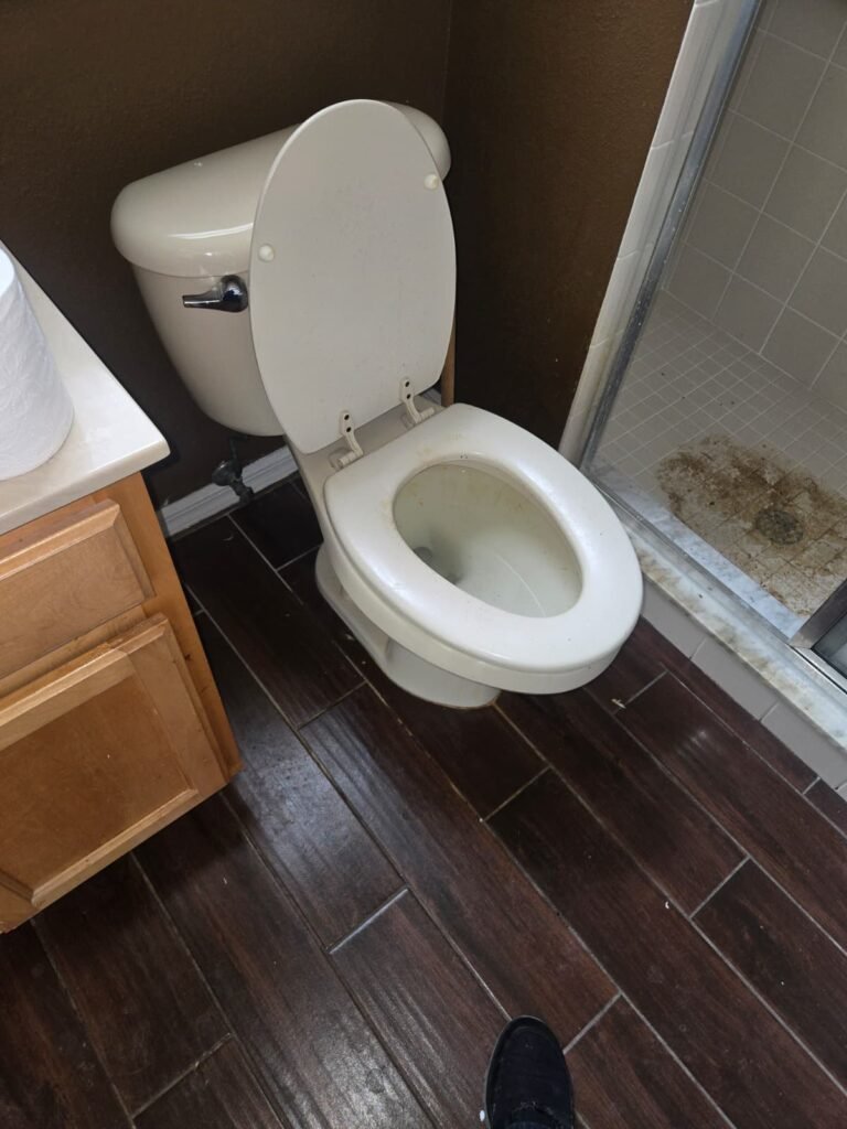 Bathroom with toilet and shower showing clogging signs in Tampa, FL 18318.