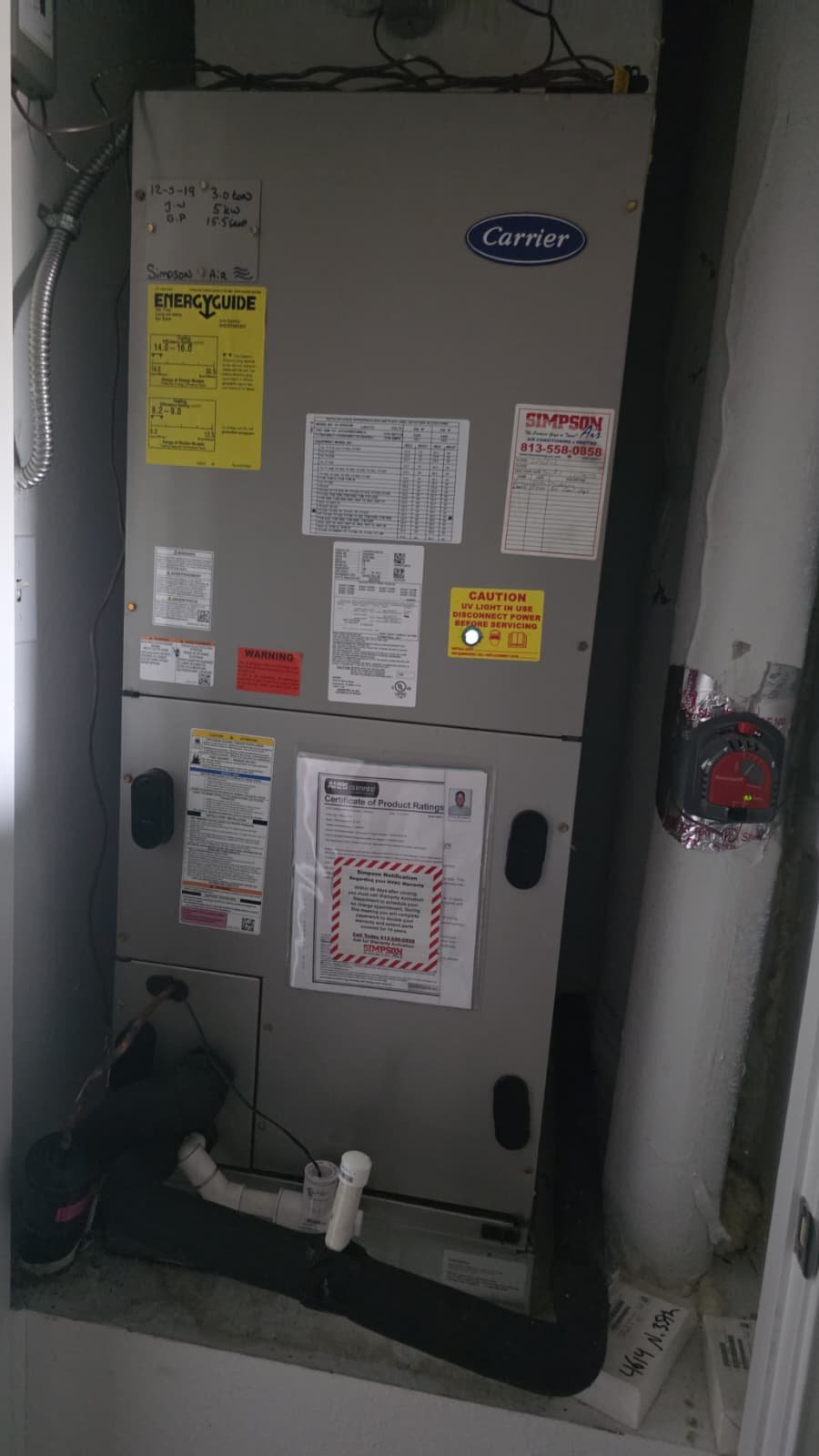 Installed Carrier HVAC system in utility closet, Premium Therapy Plan, Tampa, FL 33614.