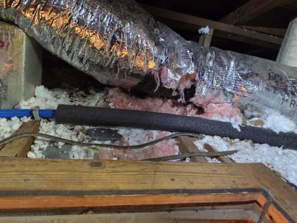 Torn flex duct and insulation we found in an attic in Tampa, FL 33605.